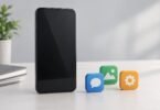 Generic dark smartphone with a blank display beside three small app-symbol tiles on a light desk.