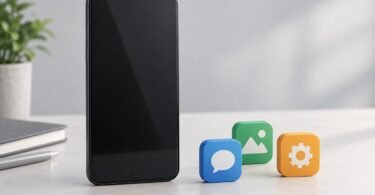 Generic dark smartphone with a blank display beside three small app-symbol tiles on a light desk.