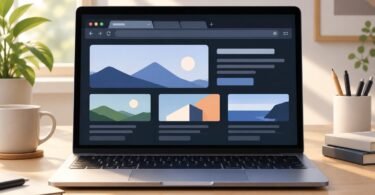Generic laptop displaying a dark abstract browser window with image placeholders on a neutral desk.