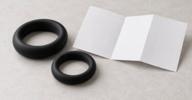 Two generic black ring-shaped accessories beside a blank folded leaflet, unused on a neutral surface.