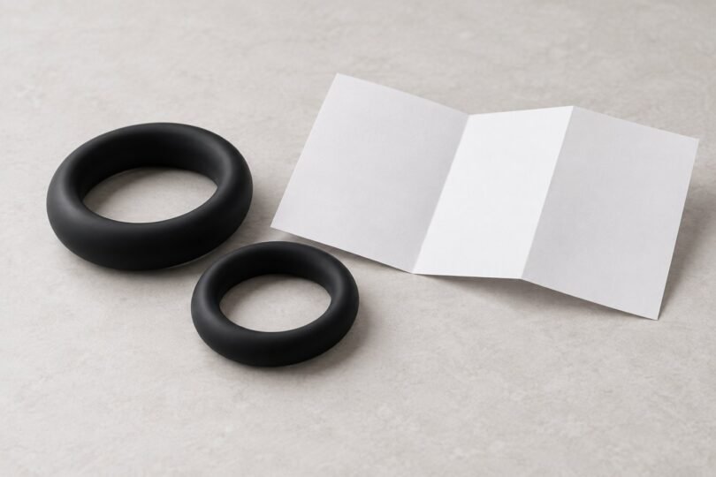Two generic black ring-shaped accessories beside a blank folded leaflet, unused on a neutral surface.