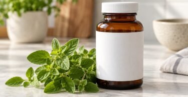 Fresh oregano leaves beside a plain unbranded supplement bottle.