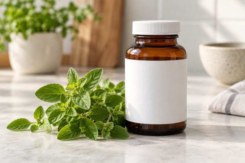 Fresh oregano leaves beside a plain unbranded supplement bottle.