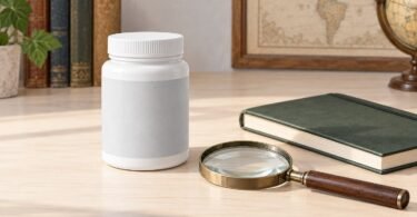 A generic unbranded supplement container beside a magnifying glass.