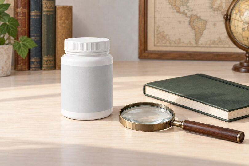 A generic unbranded supplement container beside a magnifying glass.