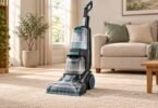 Generic unbranded upright carpet cleaner with clear water tanks on a living-room carpet.