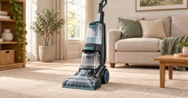 Generic unbranded upright carpet cleaner with clear water tanks on a living-room carpet.