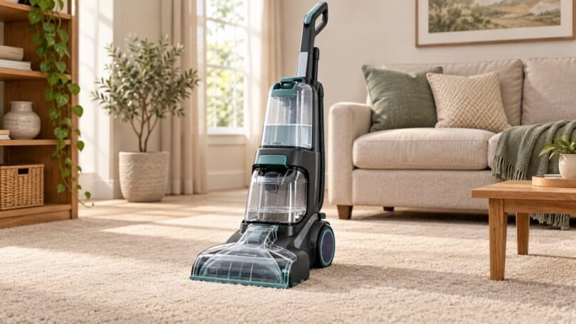 Generic unbranded upright carpet cleaner with clear water tanks on a living-room carpet.