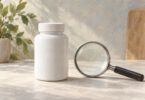 Closed supplement bottle beside a magnifying glass.