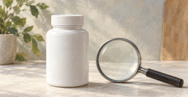 Closed supplement bottle beside a magnifying glass.