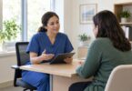 A clinician in blue scrubs speaks with an adult patient across a desk in a bright consultation room.