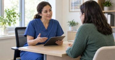 A clinician in blue scrubs speaks with an adult patient across a desk in a bright consultation room.