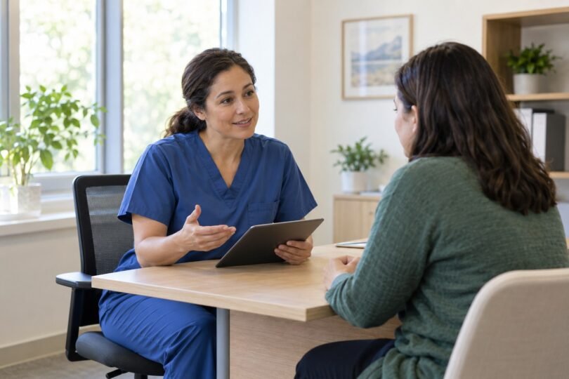 A clinician in blue scrubs speaks with an adult patient across a desk in a bright consultation room.
