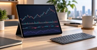 A generic tablet displaying illustrative market charts beside a keyboard.