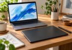 Generic pen drawing tablet and stylus beside a laptop showing blue digital brush strokes.
