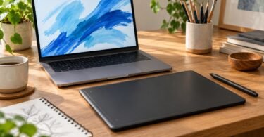 Generic pen drawing tablet and stylus beside a laptop showing blue digital brush strokes.