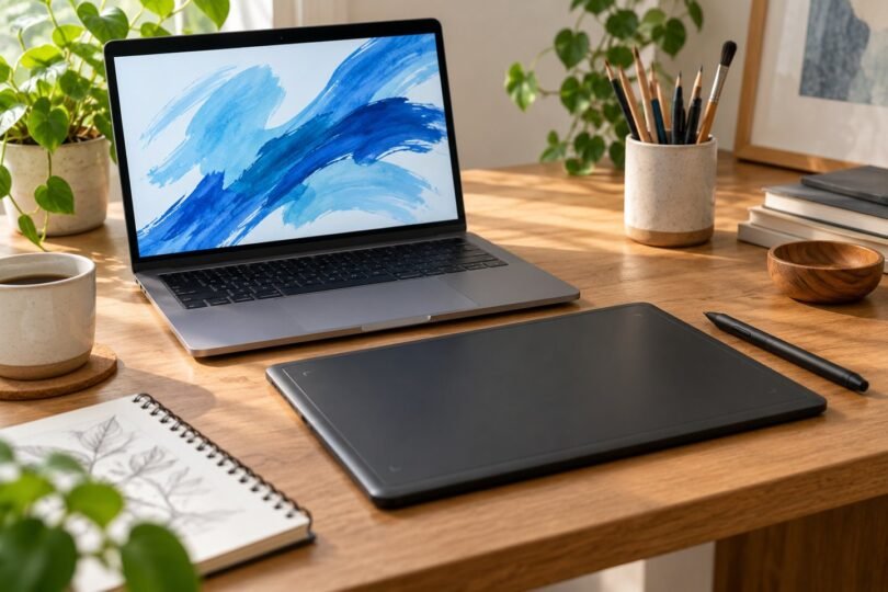 Generic pen drawing tablet and stylus beside a laptop showing blue digital brush strokes.