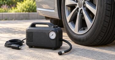 Generic portable tire inflator with disconnected hose and power cord beside a parked car wheel.