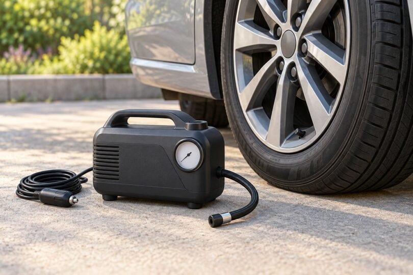 Generic portable tire inflator with disconnected hose and power cord beside a parked car wheel.
