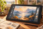 Editorial illustration of a generic drawing tablet and stylus on an artist’s desk.