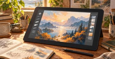 Editorial illustration of a generic drawing tablet and stylus on an artist’s desk.