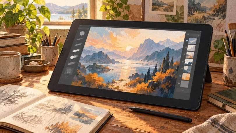 Editorial illustration of a generic drawing tablet and stylus on an artist’s desk.