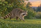 Editorial illustration of a raccoon walking through grass beside backyard shrubs.