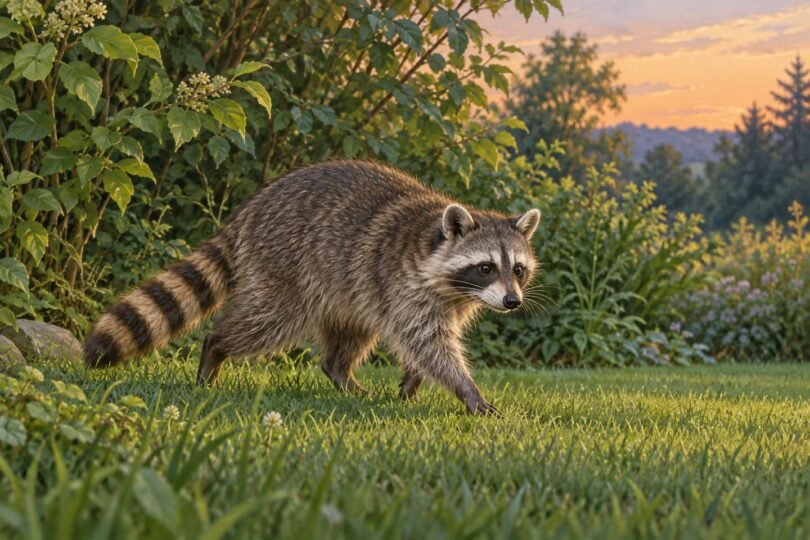 Editorial illustration of a raccoon walking through grass beside backyard shrubs.
