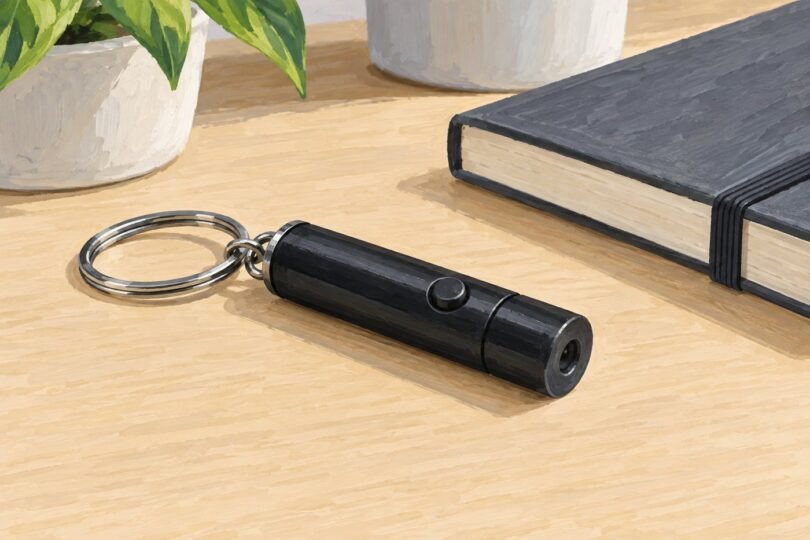 Illustration of a small black keychain pointer switched off beside a notebook.