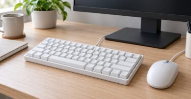 Generic compact wired keyboard with a mouse on a desk.
