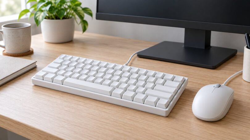 Generic compact wired keyboard with a mouse on a desk.