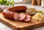 Generic smoked kielbasa with cut slices, mustard and sauerkraut.
