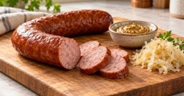 Generic smoked kielbasa with cut slices, mustard and sauerkraut.