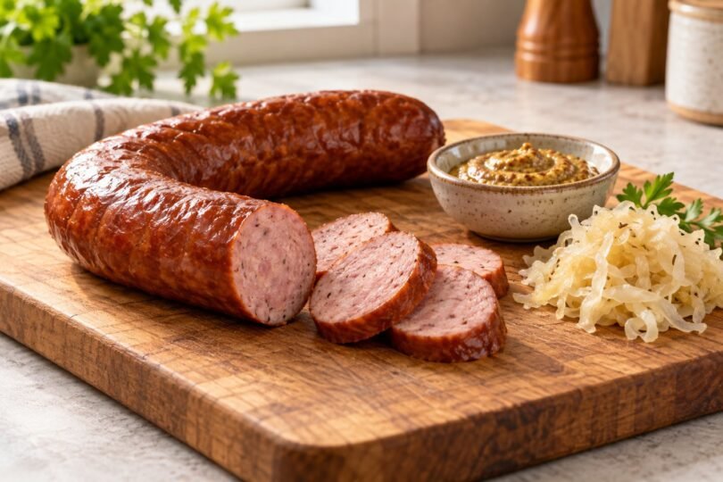 Generic smoked kielbasa with cut slices, mustard and sauerkraut.