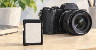 Generic illustration of a full-size SD memory card beside a mirrorless camera.