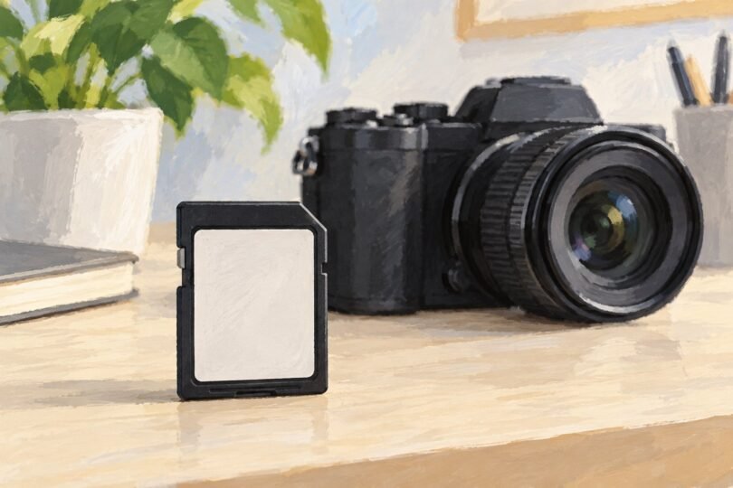 Generic illustration of a full-size SD memory card beside a mirrorless camera.