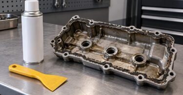 Generic closed aerosol can and plastic scraper beside a detached engine cover.