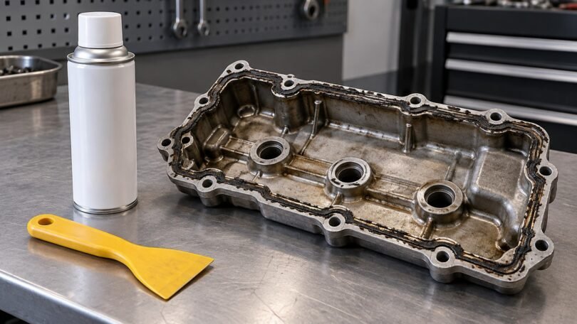 Generic closed aerosol can and plastic scraper beside a detached engine cover.