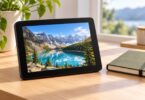A generic portable tablet displaying a landscape photograph.