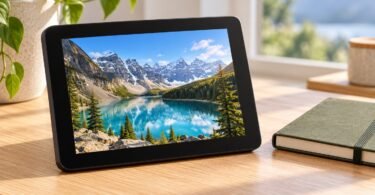 A generic portable tablet displaying a landscape photograph.
