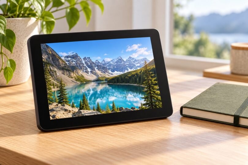 A generic portable tablet displaying a landscape photograph.