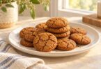 A plate of generic brown ginger cookies on a kitchen table.