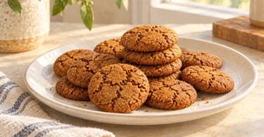 A plate of generic brown ginger cookies on a kitchen table.