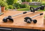 A generic cordless split-shaft string trimmer beside a detached edger attachment on a garden bench.