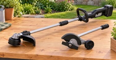 A generic cordless split-shaft string trimmer beside a detached edger attachment on a garden bench.