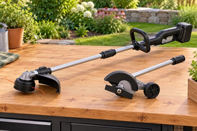 A generic cordless split-shaft string trimmer beside a detached edger attachment on a garden bench.