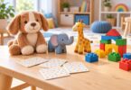 Generic plush dog, toy animal figures, colorful building blocks and activity cards on a play table.