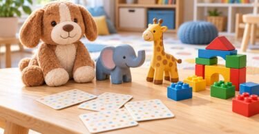 Generic plush dog, toy animal figures, colorful building blocks and activity cards on a play table.