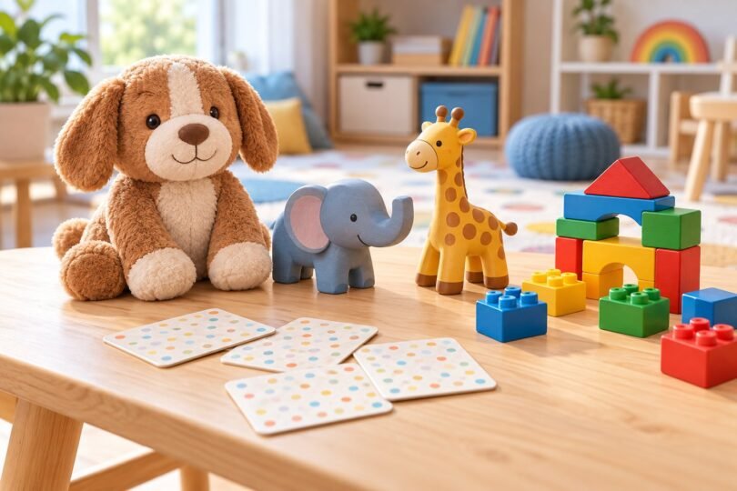 Generic plush dog, toy animal figures, colorful building blocks and activity cards on a play table.