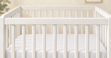 Illustration of an empty crib with bare rails and a fitted sheet.